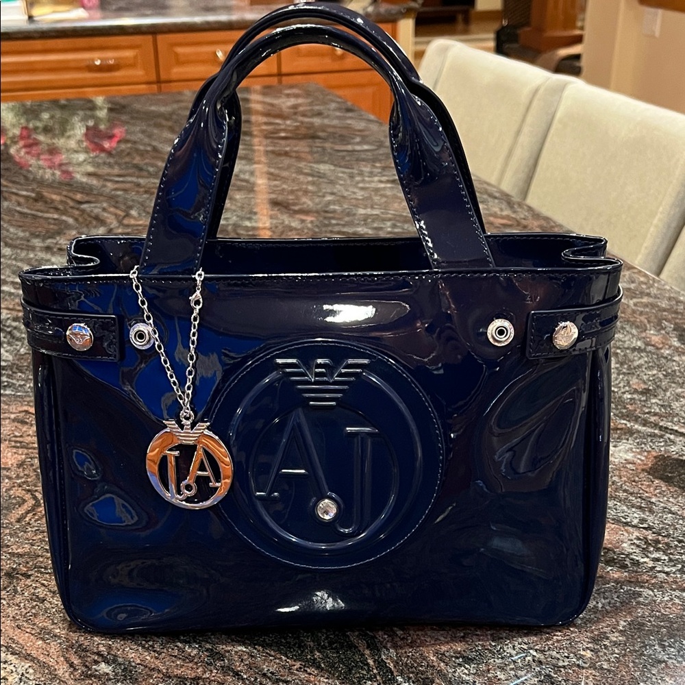 Armani Jeans Sac à Main Chic Navy PVC Logo Front Satchel.